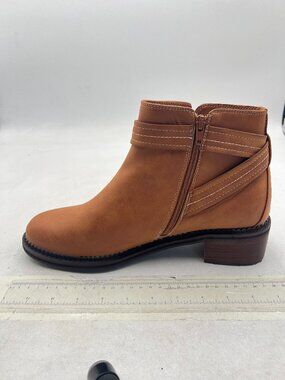 Tan Women Block Low Heel Suede Cowgirl Boot Side Zipper Ankle Bootie with Buckle